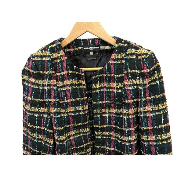 Karl Lagerfeld Paris Tweed Black Tweed Raw Hem Open Front Jacket Size 10 Work - Picture 2 of 6